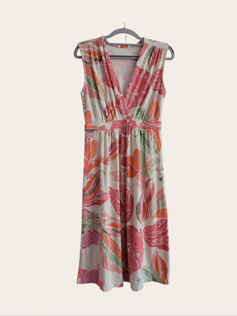 Tori Richard Small‎ Pink Floral V-Neck Midi Dress Tropical Sleeveless Stretch